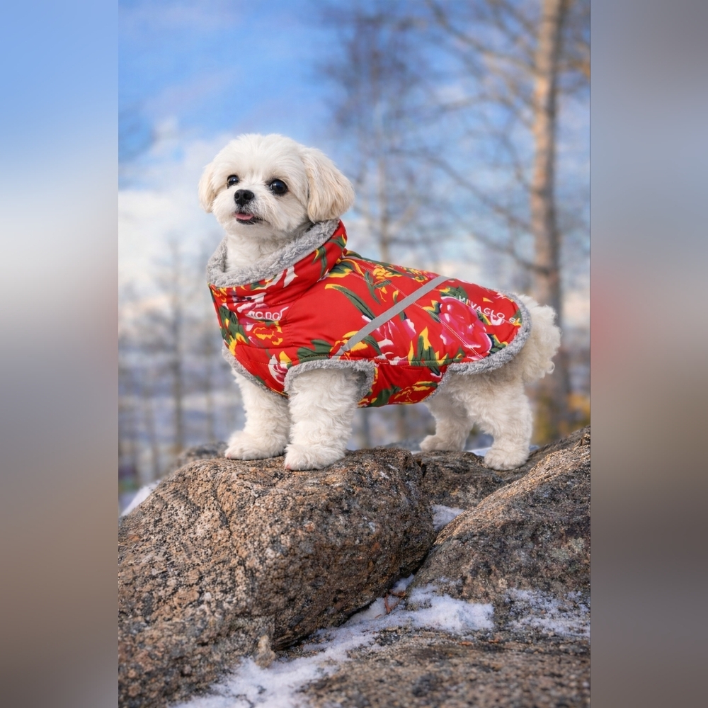 Snowrap Winter Dog Coat Fleece Lined Red Floral‎ XS